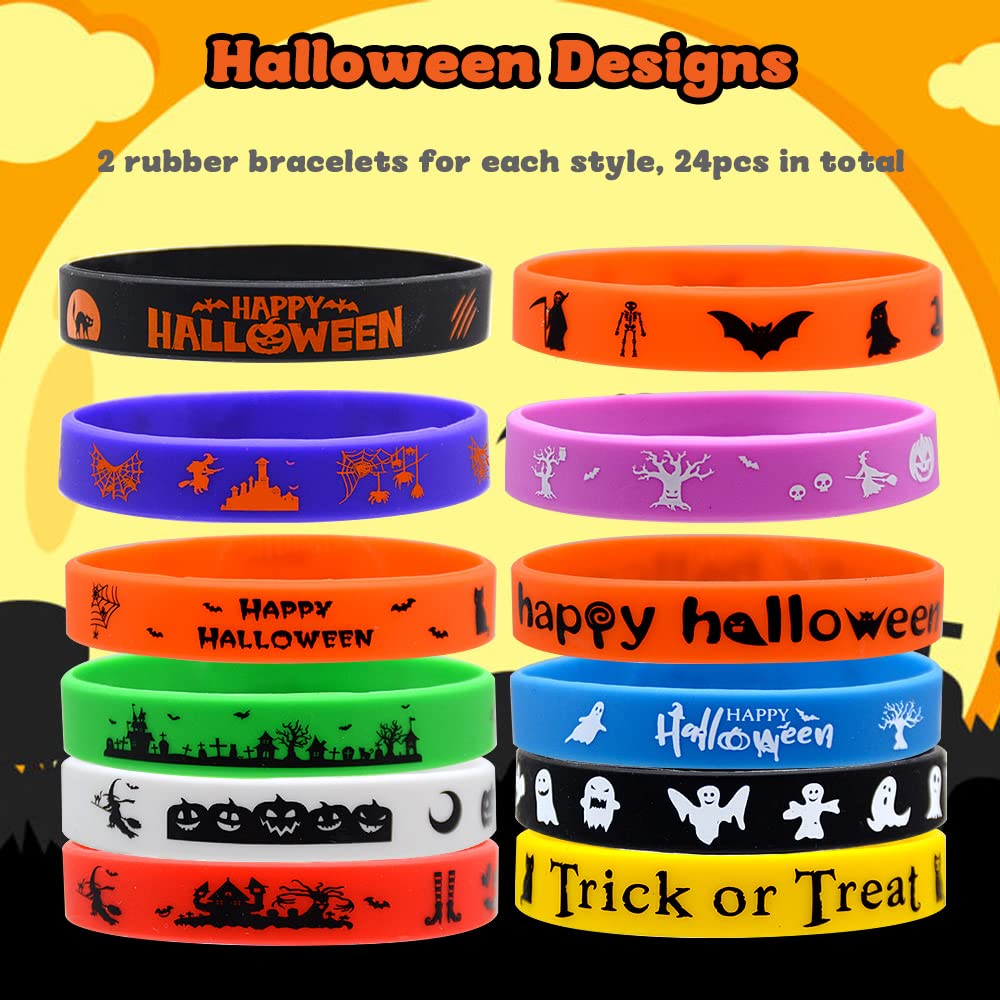 VKTEN 48Pcs Halloween Party Favors Halloween Slap Bracelets Rubber Wristbands Assorted Gifts for Kids - Trick or Treat Toys, Halloween Bag Stuffers Goody Bag Fillers Classroom Prizes