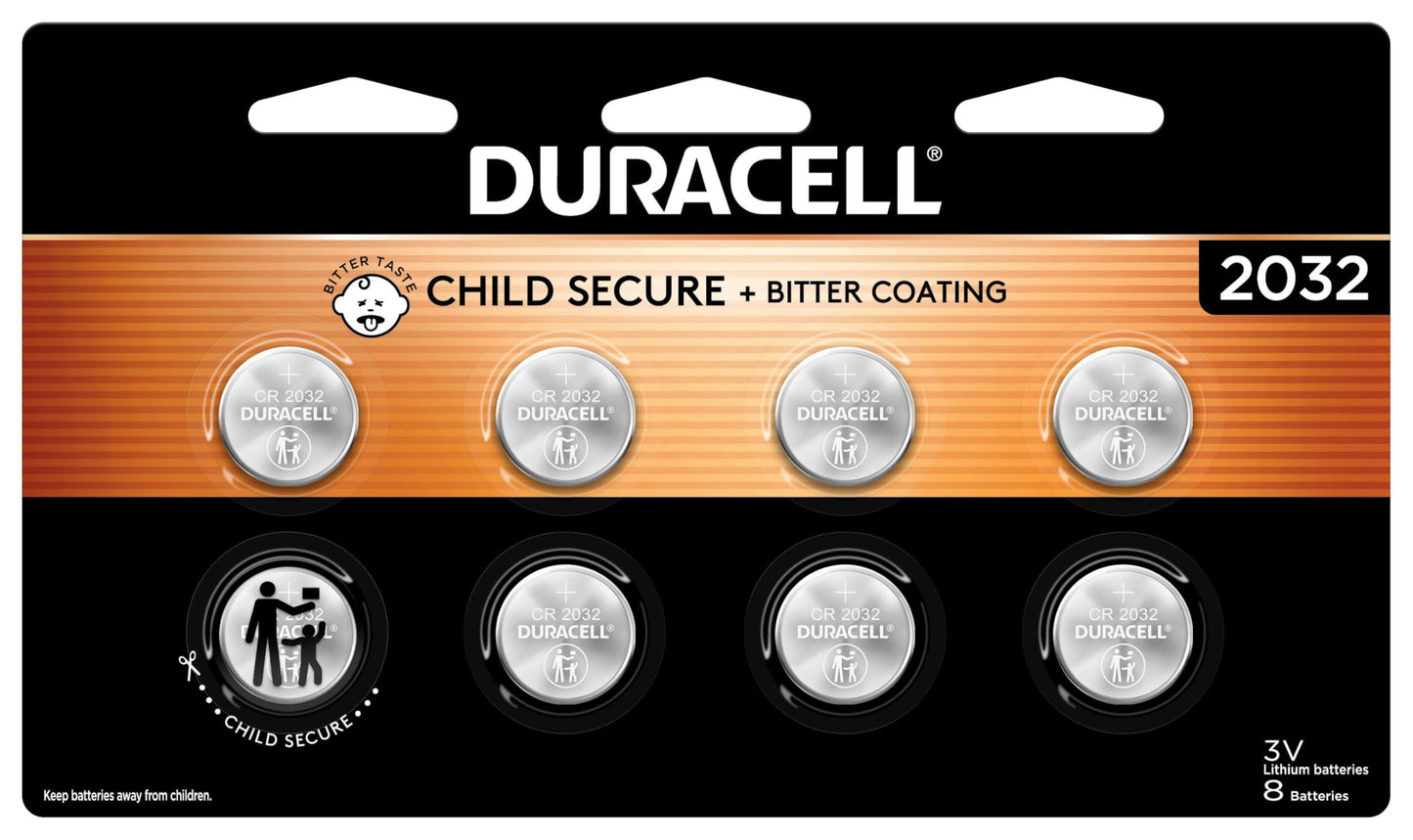 Duracell 2032 Lithium Battery. 8 Count Pack. Child Safety Features. Compatible with Apple AirTag, Key Fob, and other devices. CR2032 Battery Lithium Coin. CR 3V Cell
