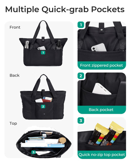 BAGSMART Tote Bag for Women, Foldable Tote Bag With Zipper Large Shoulder Bag Top Handle Handbag for Travel, Work-16.5''l X 6''wx 14''h