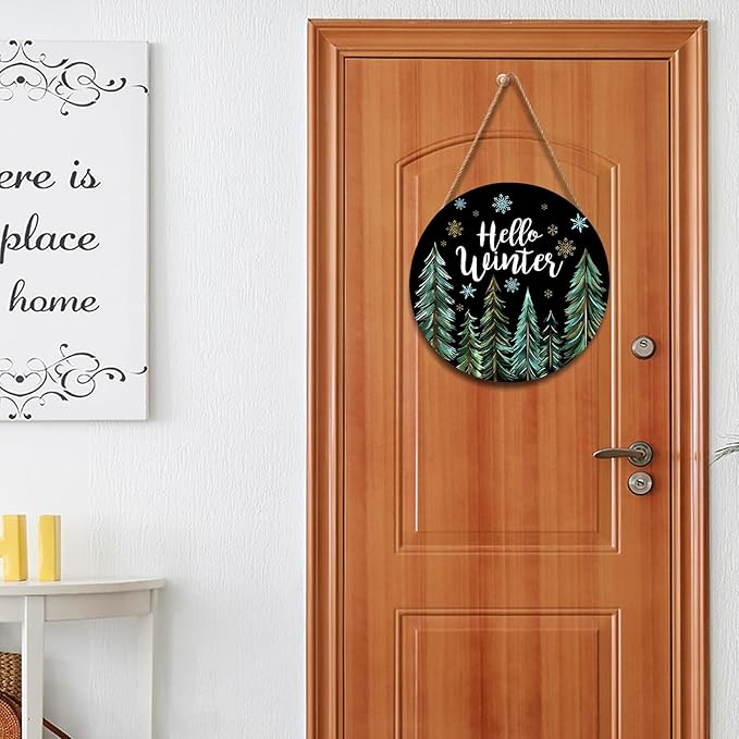 Hello Winter Welcome Sign for Front Door Winter Wreaths Winter Pine Trees Wood Door Hanger for Outdoor Outside Porch Christmas Snowflakes Round Hanging Sign for Home Porch Wall Decoration 12in
