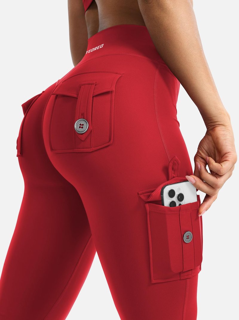 YEOREO CoreFlex Women Workout Flare Leggings with Pockets Hidden Scrunch Cargo Gym Yoga No Front Seam Leggings Red XS