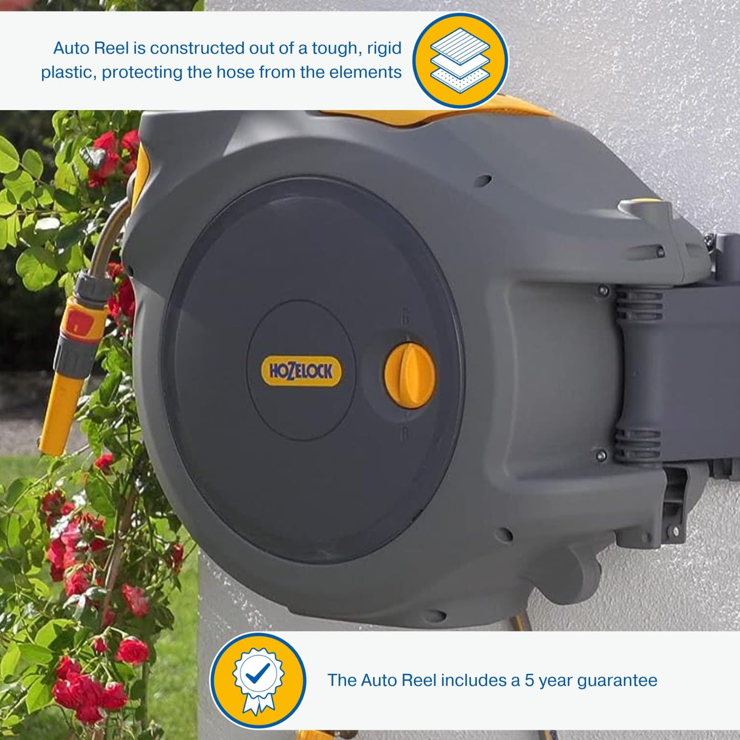 HOZELOCK - Auto Reel Wall-mounted 40m: Easy to Install, Child-lock, Auto-rewind, Ready-to-use with Nozzle, Fittings, Hozelock Hose and Accessories Included 5 Year Guarantee* [2595R8000]