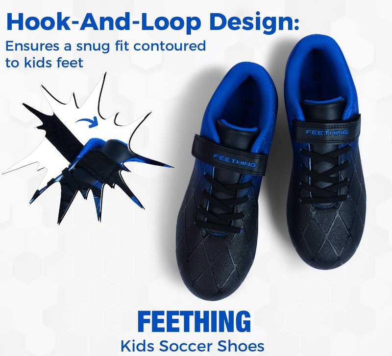 FEETHING Youth Soccer Cleats for Boys and Girls Firm Ground Football Shoes with Easy-On Hook & Loop Closure Lightweight & Breathable for Outdoor Field Play (Little Kid & Big Kid Sizes)