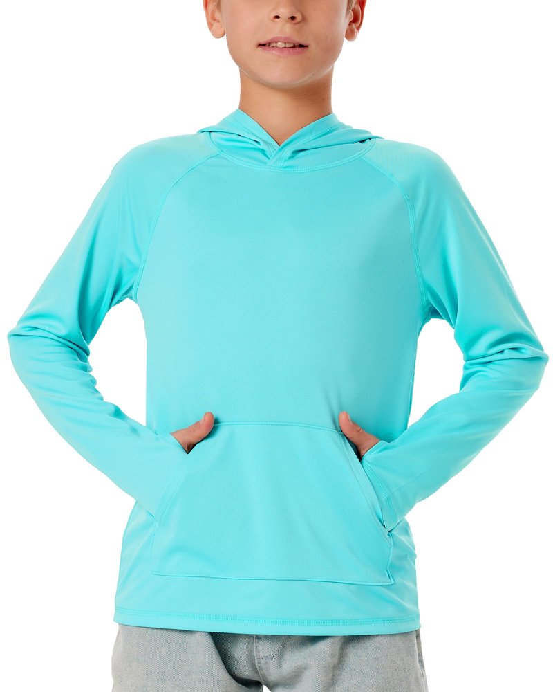 Poekuao Rash Guard for Boys Long Sleeve Hoodie Quick Dry Swim Shirt Youth UPF 50+ Sun Protection Fishing Shirts with Pocket Water Blue M