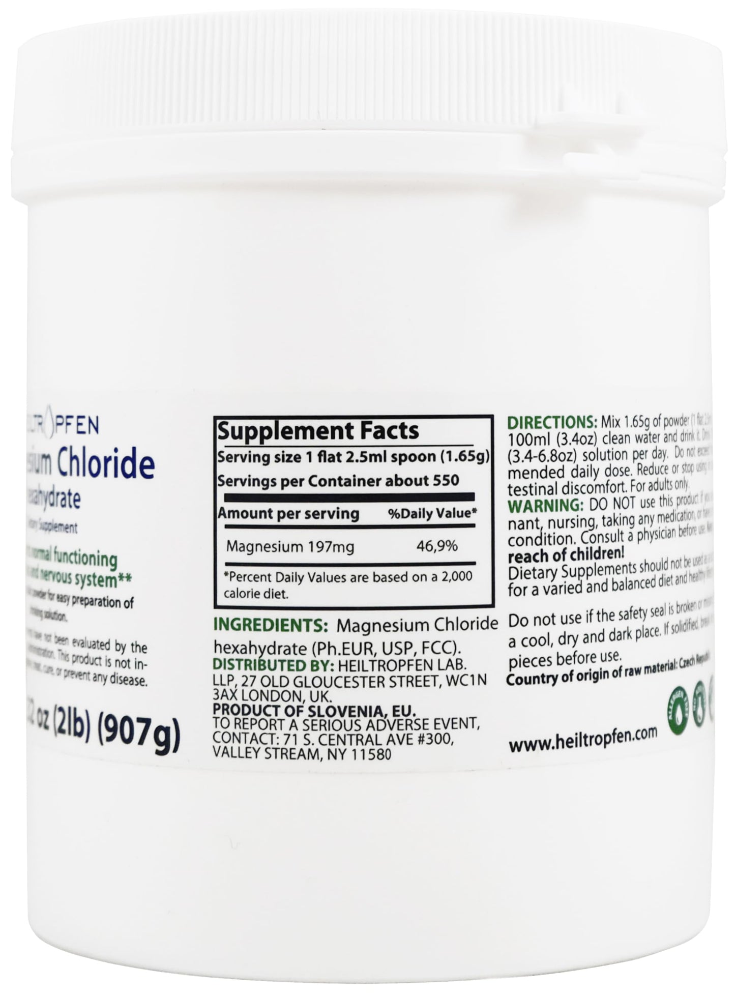 2 Pounds / 907 g Magnesium Chloride Powder | Hexahydrate | Pharmaceutical Grade Ingredients | Crystal Powder | Pure Ph. EUR., BP, USP, 100% - Muscle Pain Relief | Heiltropfen®