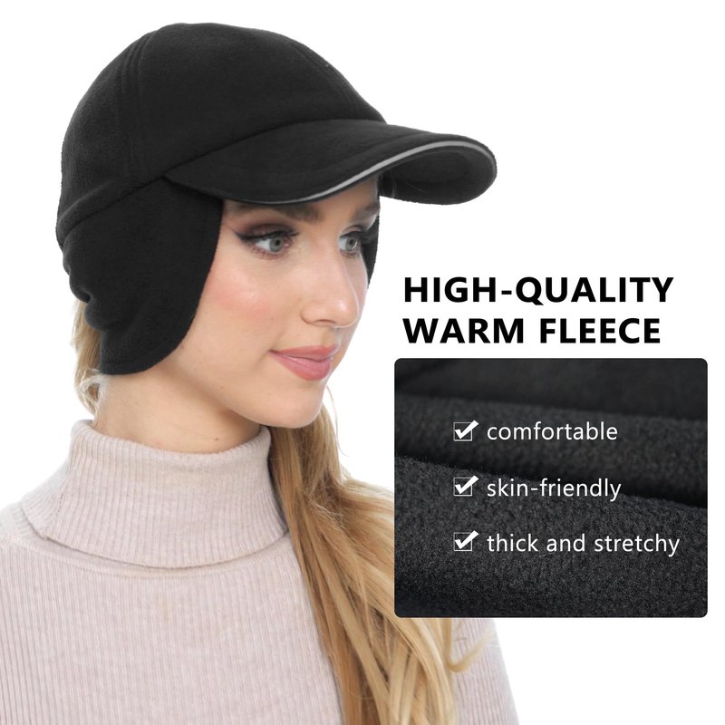 GADIEMKENSD Fleece Winter Hats for Women Reflective Ponytail Hat with Ear Flap Drop Down Ear Warmer Visor Beanie Double Ponytails Hole Baseball Cap for Running Skiing Workout Black