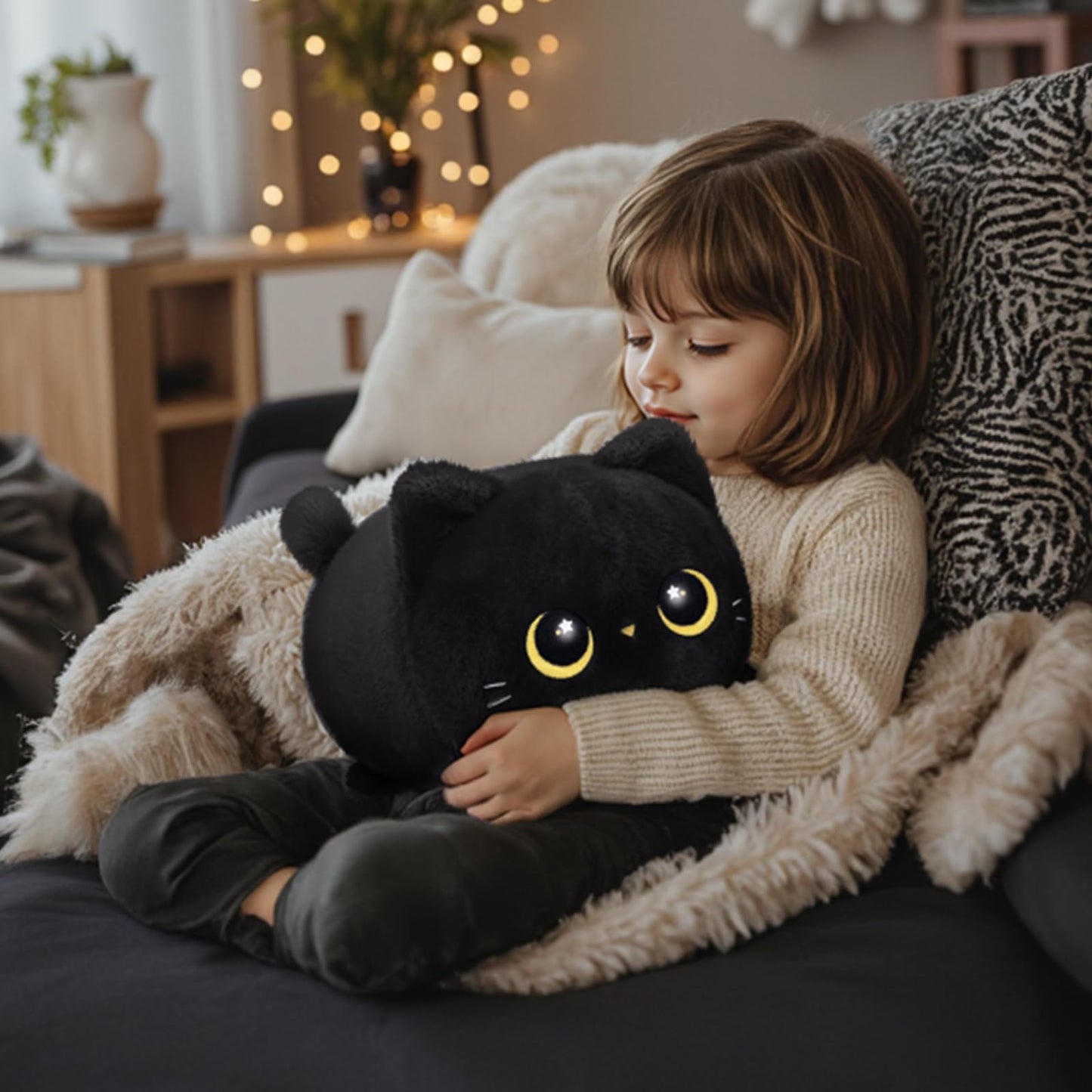 Mewaii 8'' Soft Black Cat Plush Pillow – Adorable Cuddle Plush Toy, Squishy Stuffed Animal for Kids, Adults, and Plushie Lovers, Perfect for Hugging and Relaxing