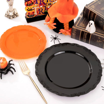 U-QE 60 Pieces Halloween Plastic Plates - Orange and Black Plates Disposable for Party - Halloween Party Supplies Including 30 Black Plastic Plate 10'' & 30 Orange Plate 7.5 ''