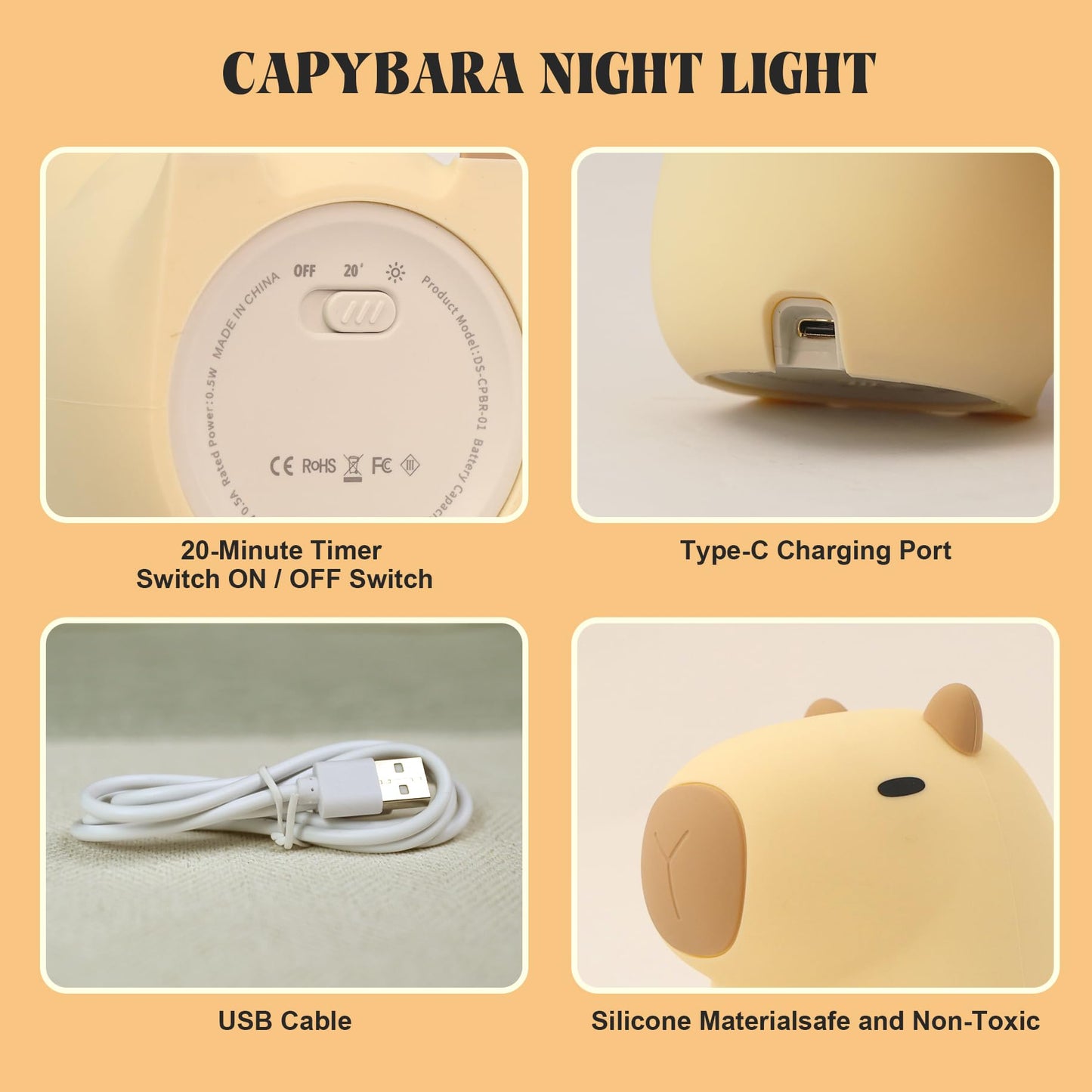 YuanDian Capybara Night Light - Adorable Gift for Women, Teen Girls, and Babies. Decorate Kids' Bedroom with Cute Silicone Capybara Nightlights - for Children and Toddlers