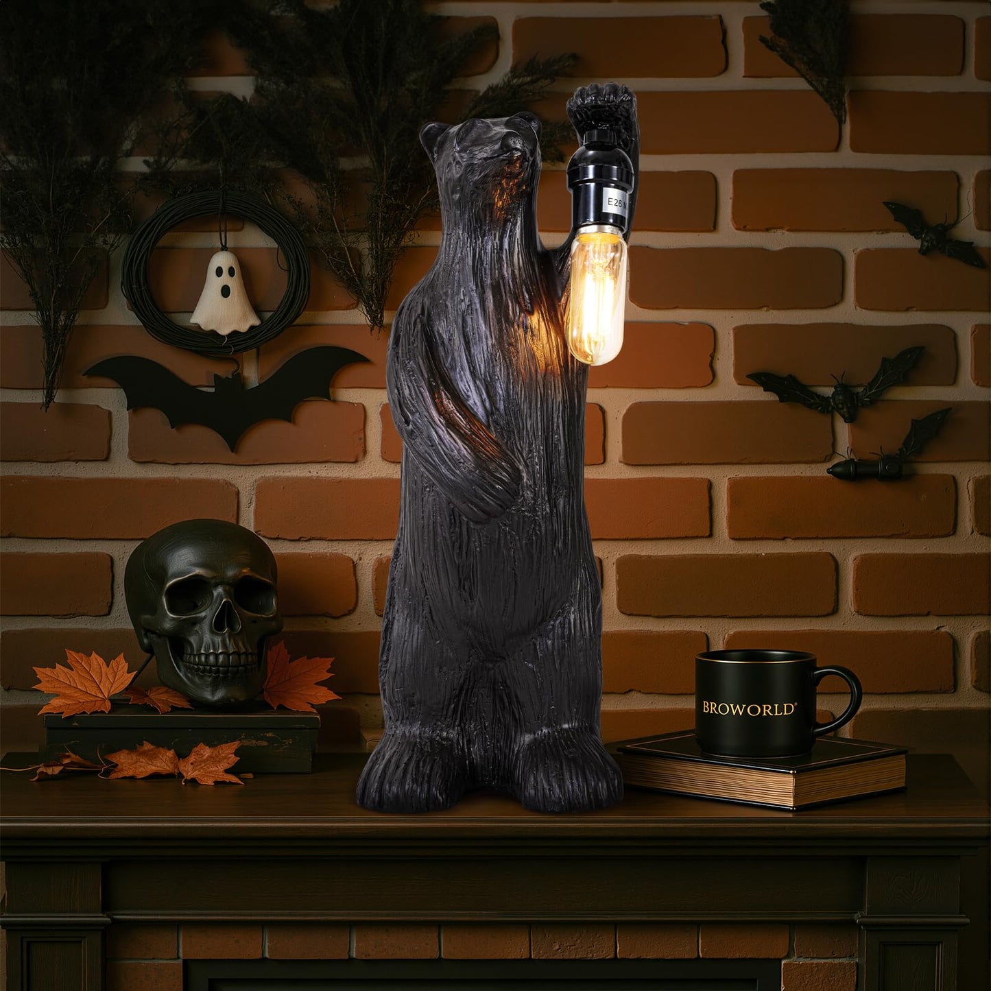 Scenekoy Bear Table Lamp for Living Room Bedroom, Memory Function, 3 Way Cycling Dimming, Resin Gothic Style Bedside Nightstand Lamps, Rustic Night Light Home Room Decor (Bulb Included)