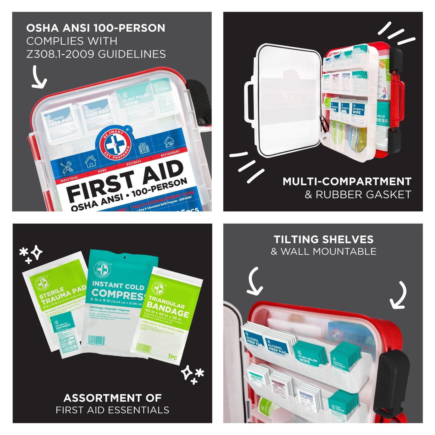 Be Smart Get Prepared First Aid Kit Hard Red Case 326 Pieces Exceeds OSHA and ANSI Guidelines 100 People - Office, Home, Car, School, Emergency, Survival, Camping, Hunting and Sports (20HBC01015REV3)