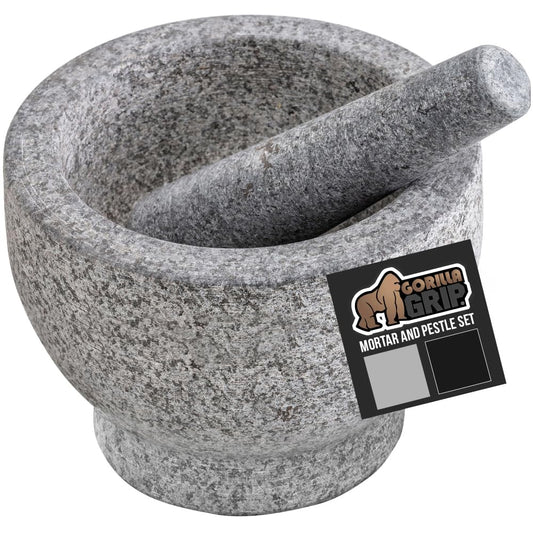 GORILLA GRIP Heavy Duty Mortar and Pestle Set with Slip Resistant Base, 100% Granite Stone Molcajete Guacamole Bowl, Grind Seeds Spices, Crush Garlic, Kitchen Muddler for Fresh Herbs, 1.5 Cup, Gray