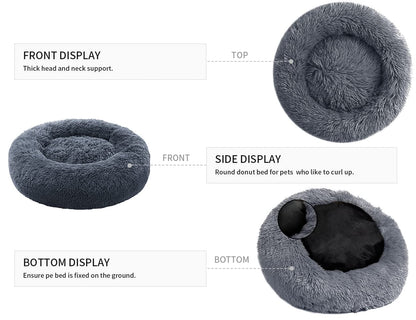 YOJOGEE Calming Donut Dog Bed for Medium Small Dogs Cats, Fluffy Anti AnXiety Dog Beds Washable Puppy Bed Non-Slip Plush Cuddler Warming Round FauX Fur Pet Bed,Dark Grey,60*60cm