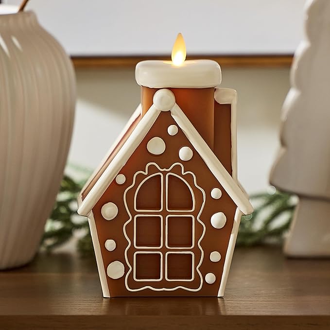 Luminara Flickering Flameless Candle 4.5" x 6.7", Battery Operated Timer Function, Remote Ready (Sold Separately), Gingerbread House Moving Flame LED Light Figural Candle for Christmas Holiday Display