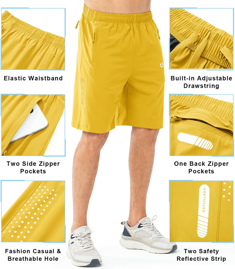 NORTHYARD Men's Athletic Running Shorts Gym Workout 7"/9"/5" Quick Dry Lightweight Sports Basketball Tennis 3 Zipper Pockets YELLOW-9inch S