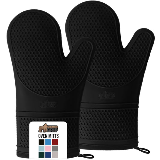 GORILLA GRIP BPA-Free Soft Silicone Oven Mitts, Heat Resistant and Waterproof Cooking Gloves, Thick Cotton Lining, Flexible Gripping for Baking Grilling, Kitchen Potholders Set of 2, 12.5x8.3, Black