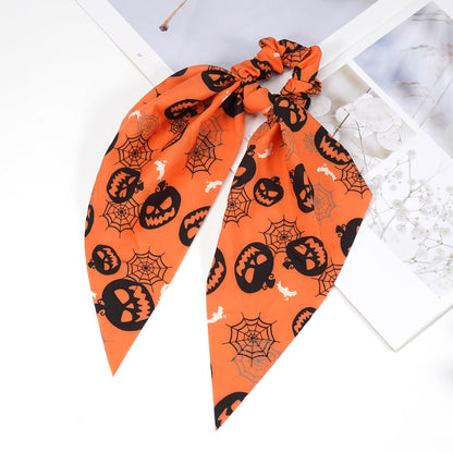 Halloween Hair Ties for Women Girls Spooky Spider Web Skeleton Bat Pumpkin Hair Scrunchies Black Orange Hair Tie Ribbon Hair Bows Hair Accessories