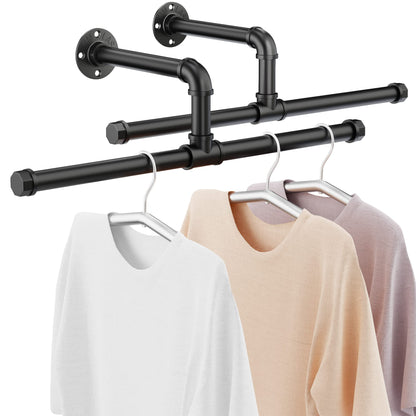 FANHAO Industrial Pipe Clothes Rail, Heavy Duty Rustic Detachable Wall Mounted Clothes Rack Black Iron Garment Bar, Multi-purpose Hanging Rod for Closet Storage, 2 Pack