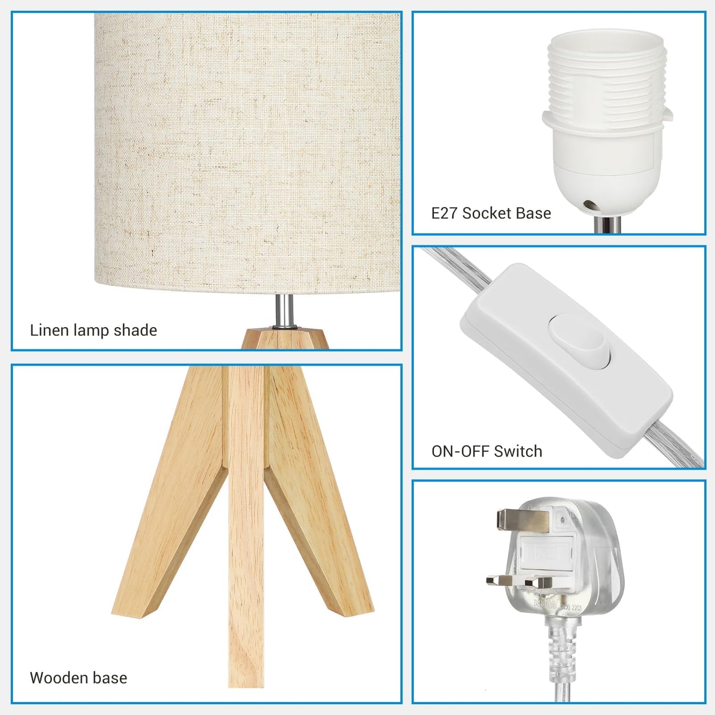 EDISHINE 36cm Wood Bedside Table Lamp, Tripod Desk Lamp with Beige Linen Lampshade, On-Off Switch, Desk Lamps for Reading, Bedroom, Living Room, Study, Office, E27 Base