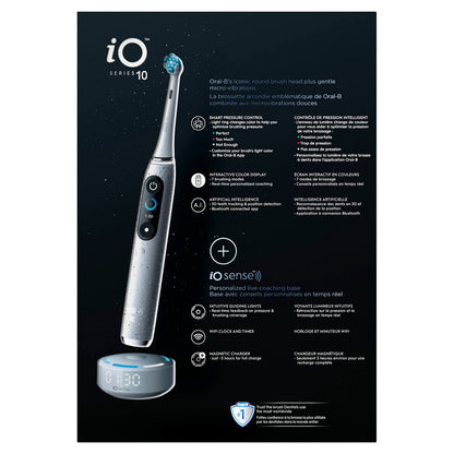 Oral-B iO Series 10 Rechargeable Electric Toothbrush with Visible Pressure Sensor to Protect Gums, 2 Min Timer, 7 Cleaning Settings, 4 Replacement Toothbrush Heads, and Charging Travel Case, Black