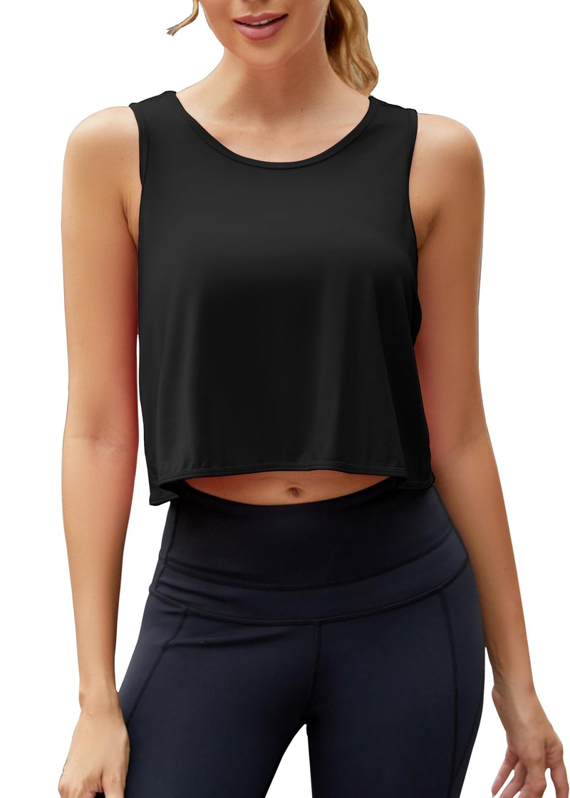 Mippo Crop Tops for Women Workout Athletic Gym Top Cropped Tank Open Back Shirts Running Clothes for Women Black M