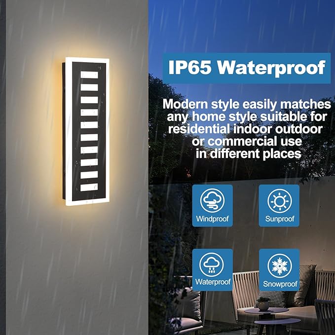 Outdoor Wall Light LED 18W Long 11.8in - Black Metal Waterproof Modern Exterior Lighting Fixture,3-Color Changeable,Frosted Acrylic Porch Sconce,for Patio,Garage,Courtyard