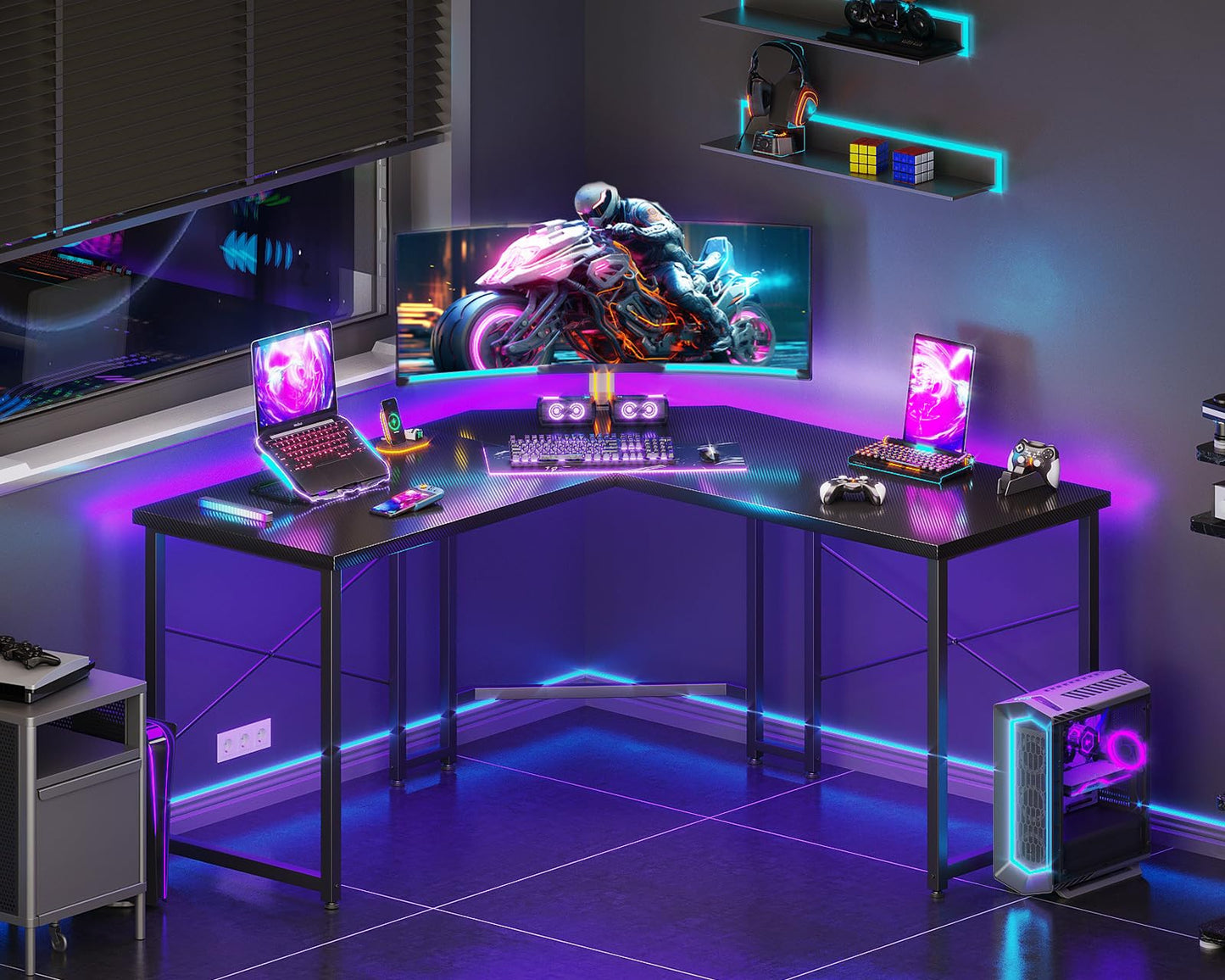 Casaottima L Shaped Gaming Desk, Corner Desk Gaming Table for Home Office, Computer Desk Sturdy Writing Workstation for Small Space, Easy to Assemble, 51 inch, Carbon Fiber Surface, Black