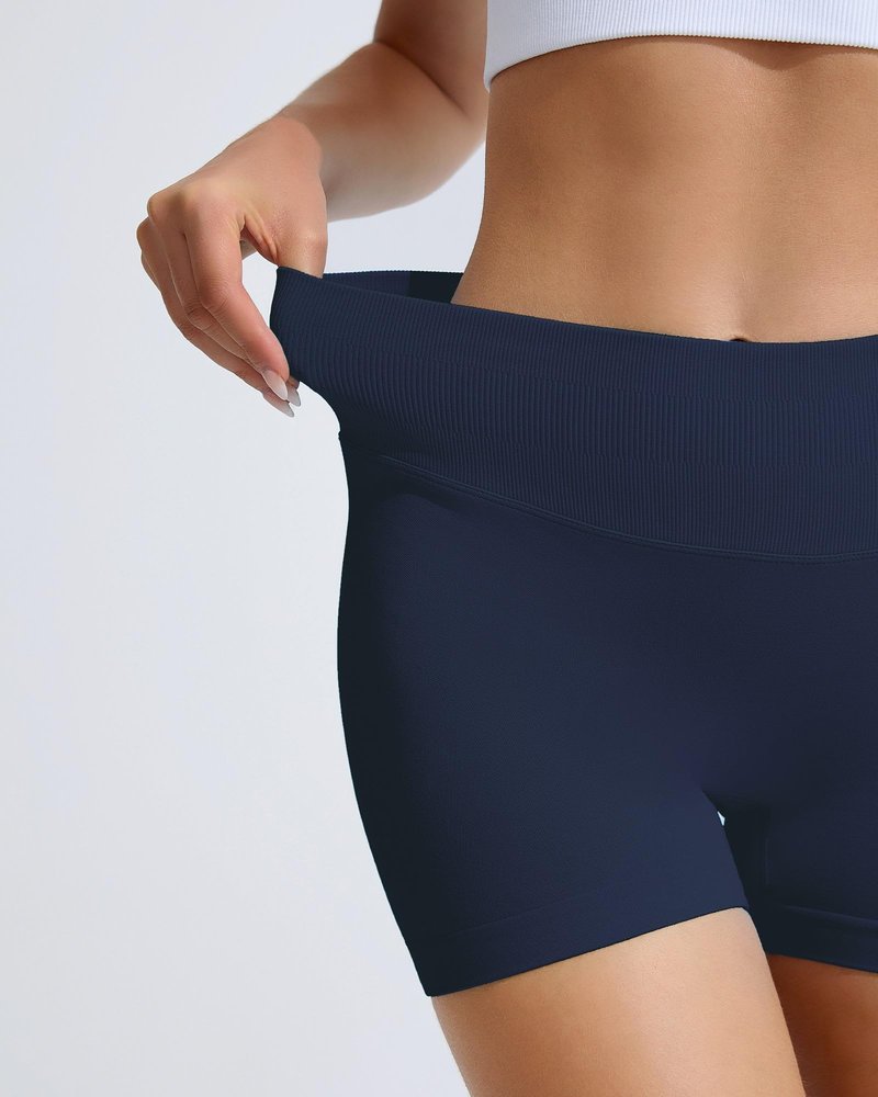 RIOJOY Womens Workout Shorts 4" Seamless High Waisted Scrunch Sports Yoga Fitted Short Tummy Control Running Biker Athletic No Front Seam Pants Soft Lightweight Booty Leggings Navy Blue S