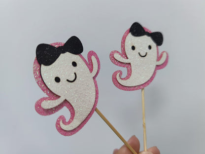 Ghost Cupcake Toppers Pink Glitter, Halloween Ghost Birthday Baby Shower Cupcake Toppers Ghost Food Cupcake Picks for Pink Halloween Baby Shower Birthday Party Cake Supplies - 24Pcs