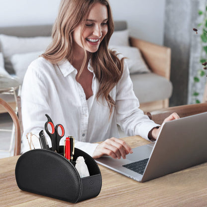 Fintie Remote Control Holder, 5 Compartments Vegan Leather TV Remoter Caddy Desktop Organizer Makeup Brush Holder Storage Fits TV Remotes, Media Controllers, Office Supplies(Black)