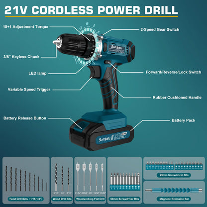 Sundpey Tool Kit with 21V Drill - Cordless Power Tool Set - 255-PCs General Basic Complete Home and Auto Repair Tools Set - Protable Household Tool Kit for Men Women(Wrench & Socket & Screwdriver Kit)
