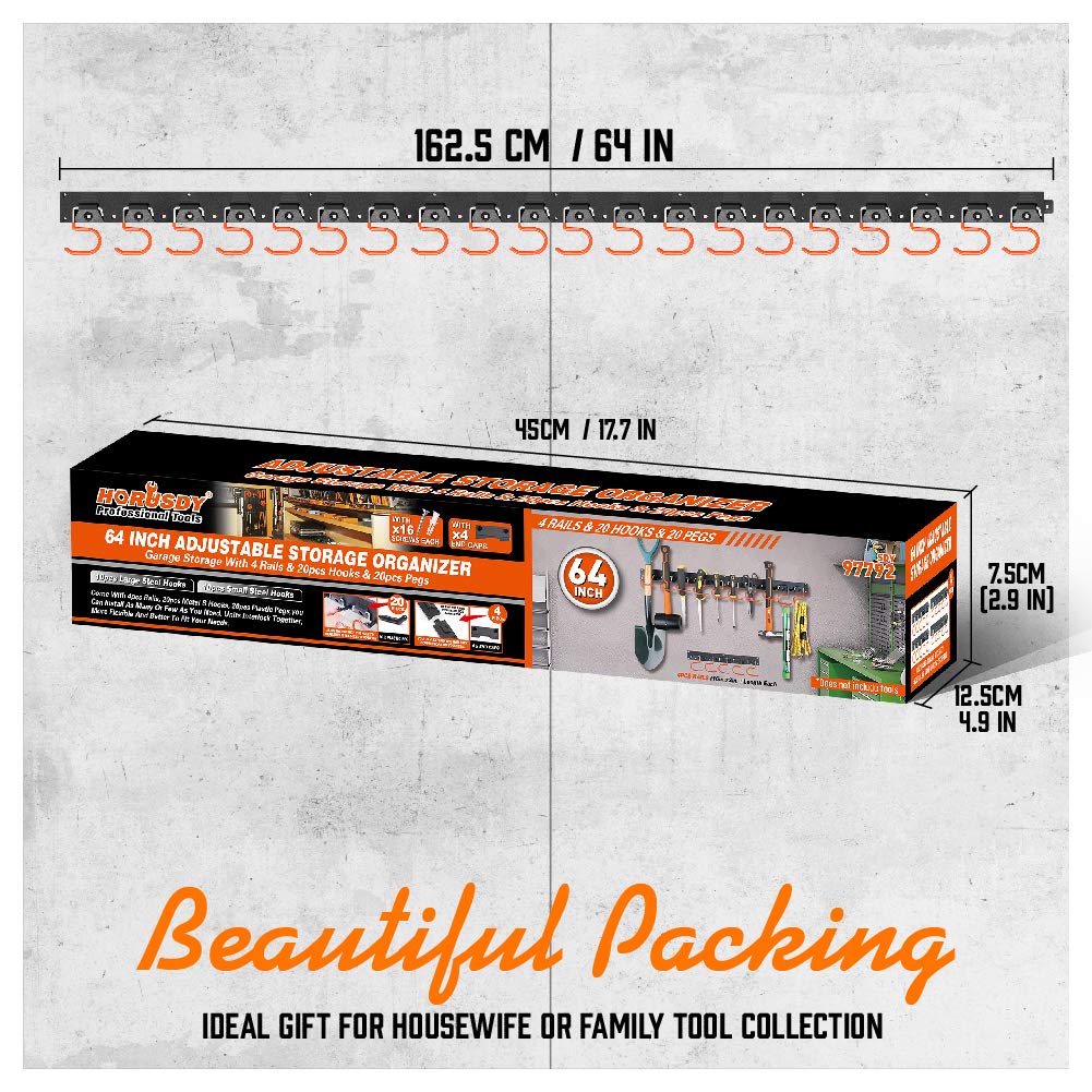 HORUSDY 64 Inch Adjustable Storage System, Wall Mount Tool Organizer, Tool Hangers for Mop and Broom Holder Shovel, Rake, Broom, Mop Holder, Etc