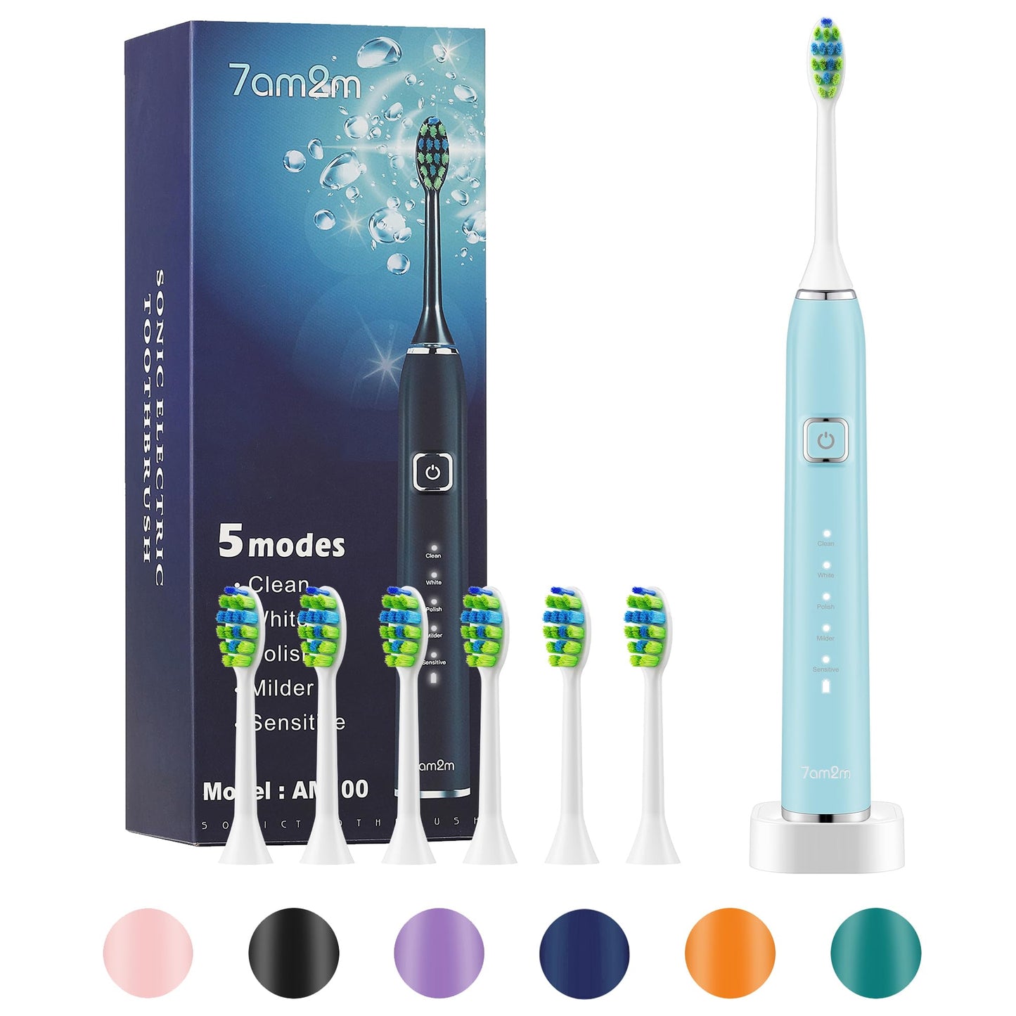 7AM2M Sonic Electric Toothbrush with 6 Brush Heads for Adults and Kids, One Charge for 90 Days, Wireless Fast Charge, 5 Modes with 2 Minutes Build in Smart Timer, Electric Toothbrushes(Light Blue)