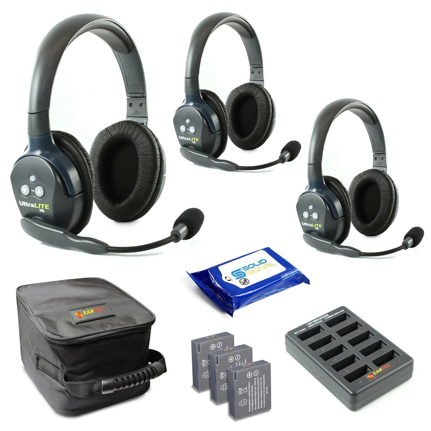 Eartec UL4S Ultralite Full Duplex Wireless Headset Communication for 4 Users - 4 Single Ear Headsets with SolidSignal Cleaning Wipes Bundle