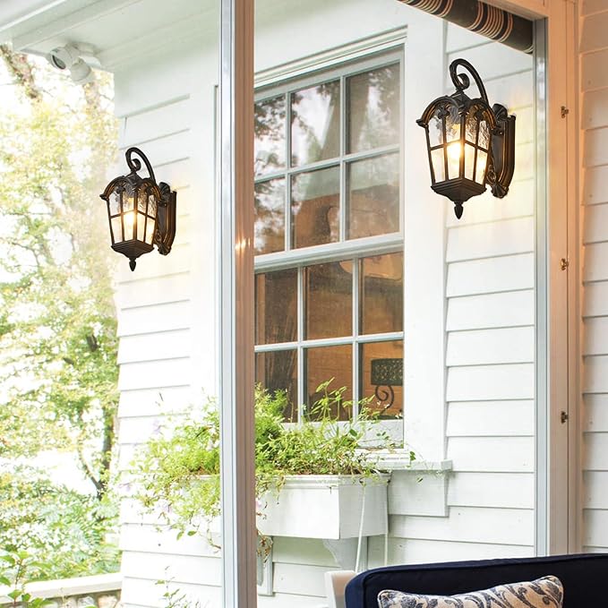 Dusk to Dawn Outdoor Wall Lights 17.1" H Exterior Lighting Fixtures Black Porch Light Waterproof Roman Wall Lantern with Water Ripple Glass for House Garage Patio