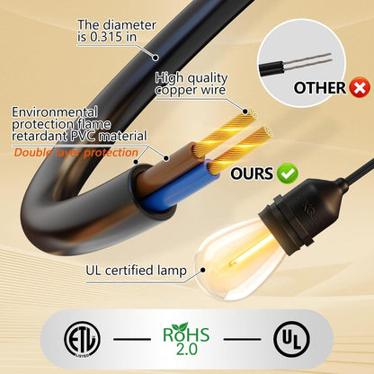 EIKOSON 50FT Outdoor String Lights Waterproof with 30+2 Bulbs(𝟏.𝟓𝐅𝐓 𝐁𝐮𝐥𝐛𝐥𝐬 𝐒𝐩𝐚𝐜𝐢𝐧𝐠), Remote & Dimmer, Commercial Grade Patio Lights with 3 Mode Light & Timing,100PC Ties for Outside