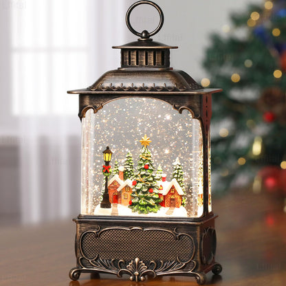 Lffital Christmas Snow Globes Lantern, Lighted Christmas Decorations Indoor for Home with Music Timer Glitter, Forest House Scene Musical Snowglobe Festival Gifts, USB & Battery Operated