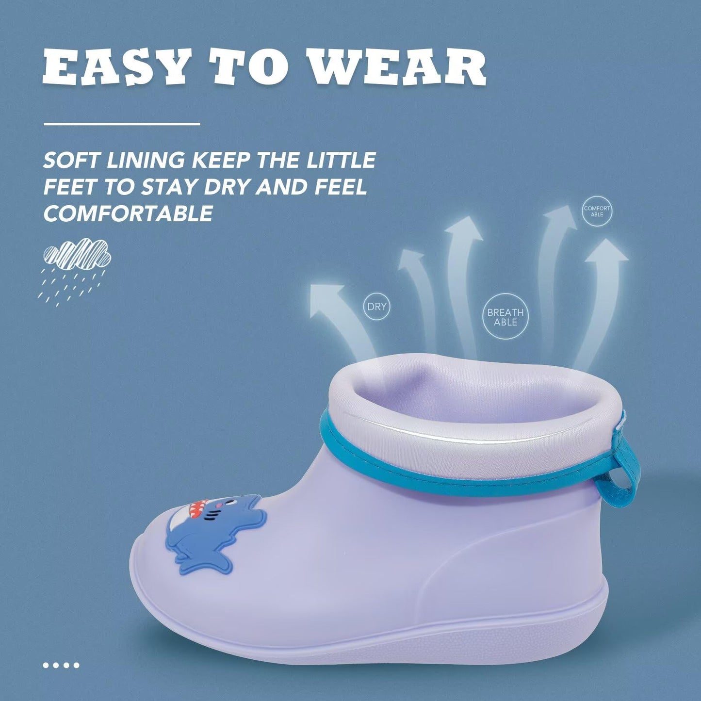 FUNCOO PLUS Toddler Baby Blue Wellies for Boys Girls, Little Kids Animal Shark Welly Boots Infant Rain Boot Wellingtons Waterproof Boots 1-6 Years Size 5