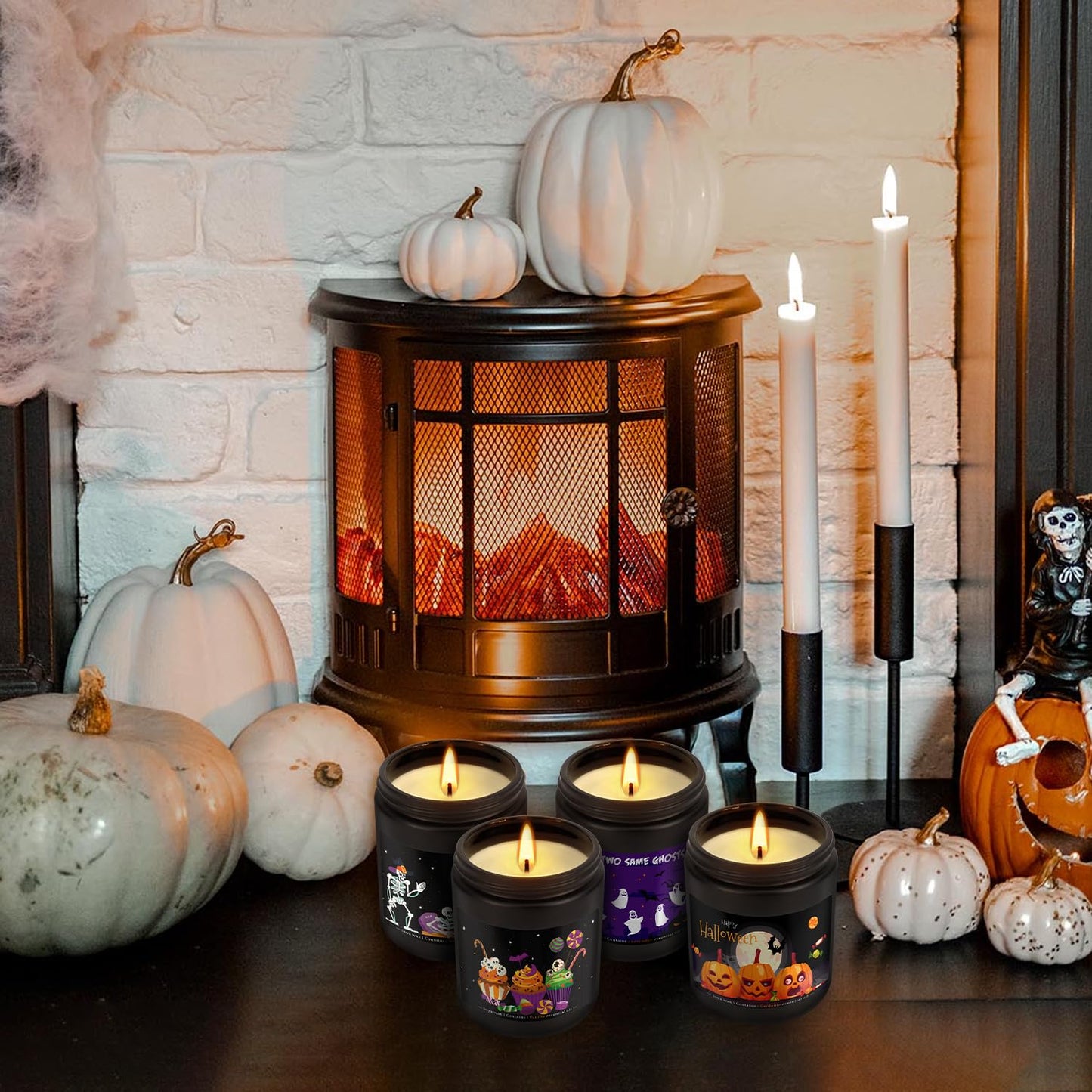 Wfmolcand Halloween Candle Set, 4 Pack Scented Candles Gift with Pumpkin|Skull|Ghost|Witch|, Long Lasting Burn Candles (7 oz Each), for Halloween Decorations Indoor, Candle Gift Set for Holiday.