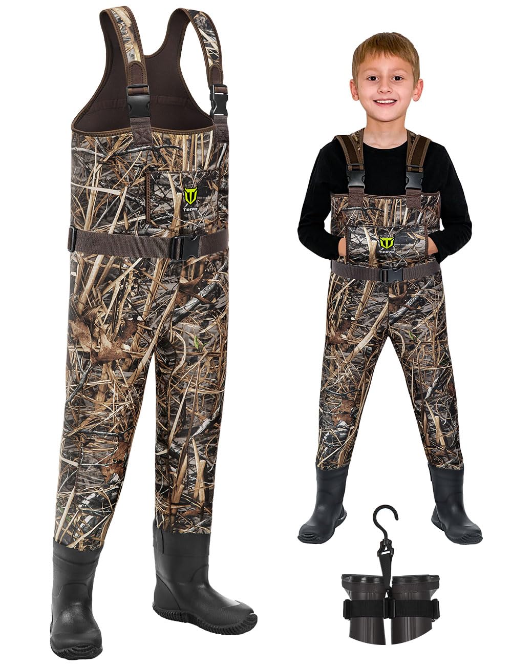 TIDEWE Chest Waders for Toddler & Children, Neoprene Waterproof Insulated Hunting & Fishing Youth Waders for Boy and Girl, Cleated Bootfoot Kids Wader, Next Camo Evos (Size 2T)
