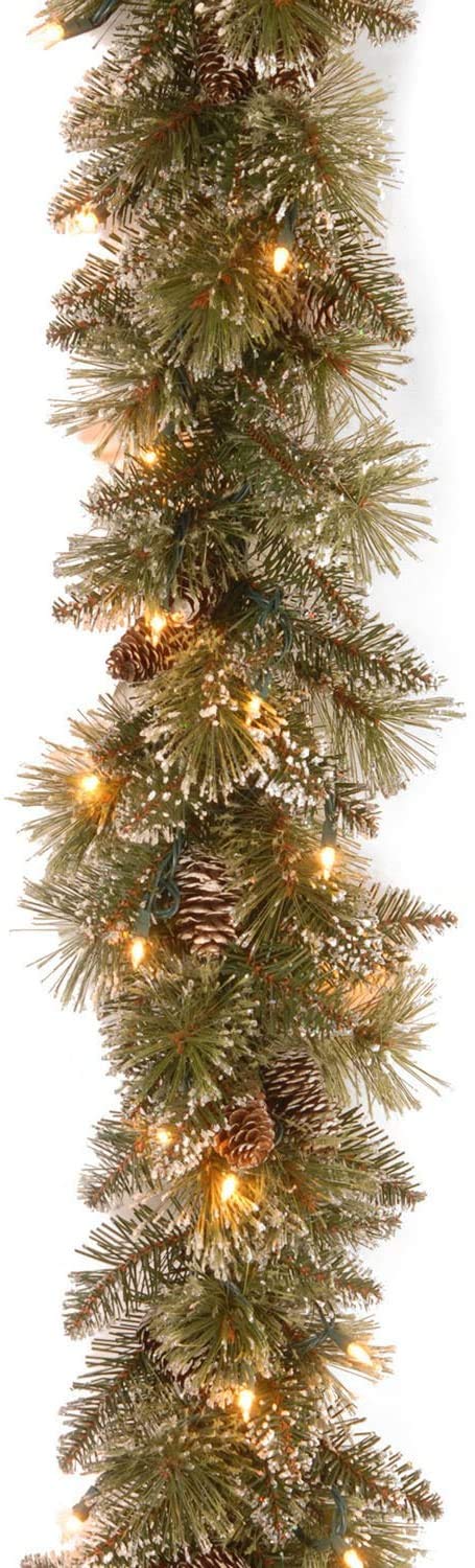 National Tree Company 6 ft Pre-Lit Glittery Bristle Artificial Christmas Garland, Christmas Decoration with Pinecones, 50 Warm White LED Lights, 138 Tips, Timer, Green