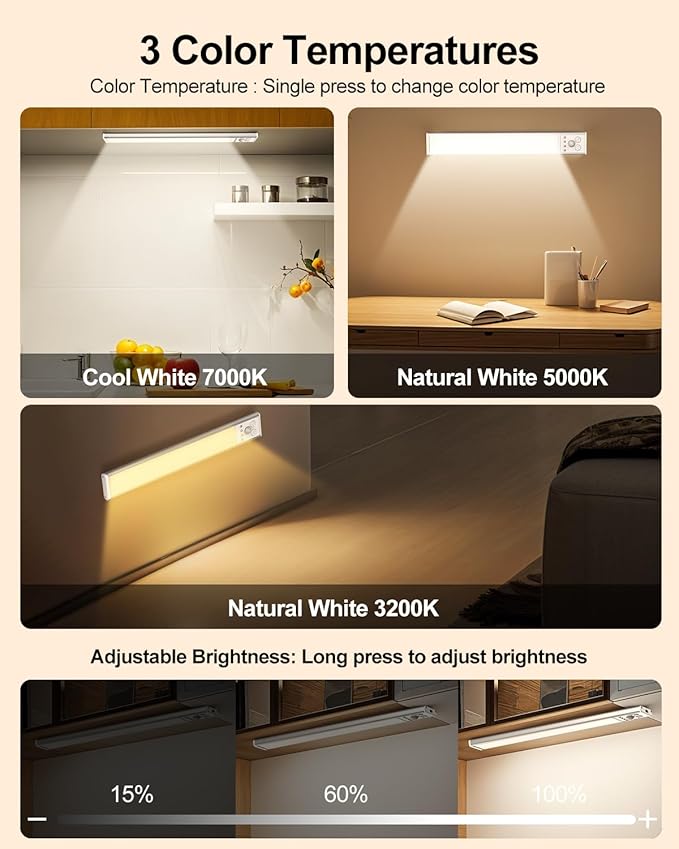 Under Cabinet Lighting, LED Motion Sensor Light Indoor with 3 Color Dimmable, 2000mAh Battery Operated Closet Lights Rechargeable Lamp, Magnetic Under Counter Night Lights Used in Cabinet (12 inches)