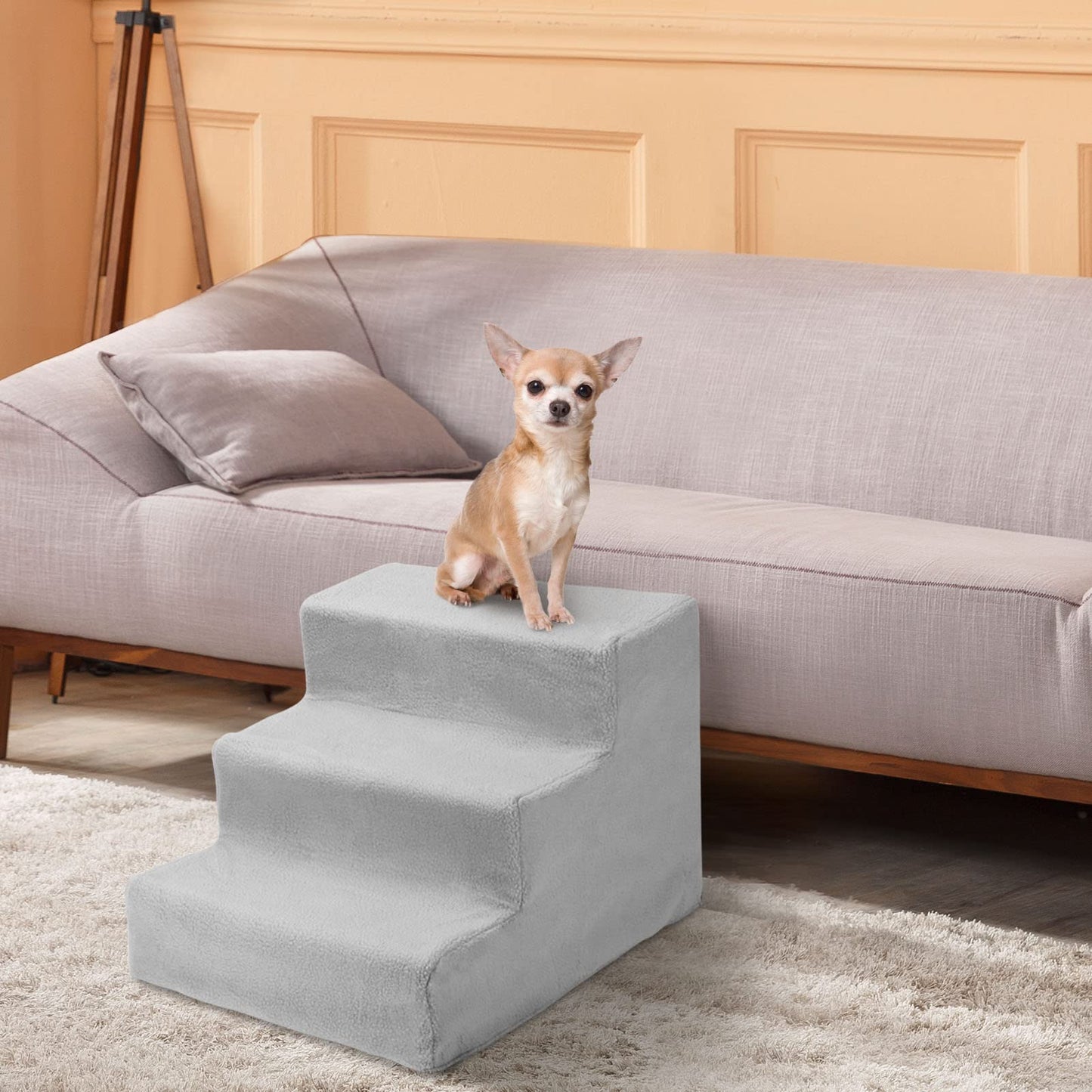 Youyijia Dog Steps 3 Steps Pet Stair Step for Bed 45x35x30cm Pet Stairs Pet Ladder with Washable Non Slip Plush Cloth Cover for Dogs and Cats (Grey)