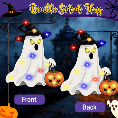 GOAUS Halloween LED Garden Flag Light Up Solar Powered, Ghost Decorations Outdoor, Double Sided Oxford Decorative Flag for Lawn Yard Outside Decor, 12x18 Inches