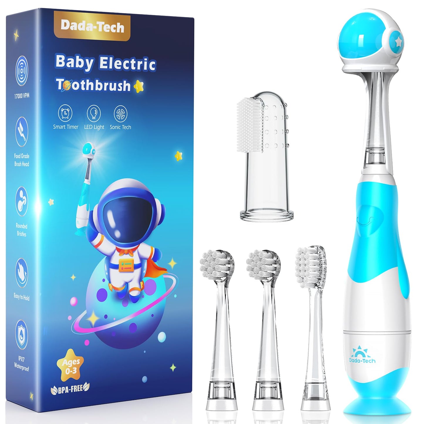 Baby Toothbrush Electric Toddler & Kids Electric Toothbrush 0-2-3 Years Old with Infant Finger Tooth Brush, Cute Cover, LED Light, 2 Minutes Timer, 4 Brush Heads, Suction Cup (Blue Astronaut)