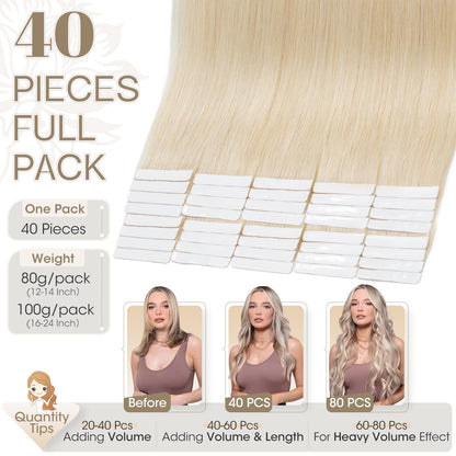 Elailite Tape in Hair Extensions Human Hair 40 pcs 100g Full Head - Seamless Invisible Skin Weft Real Remy Hair Straight (#60 Platinum Blonde, 16 Inch)