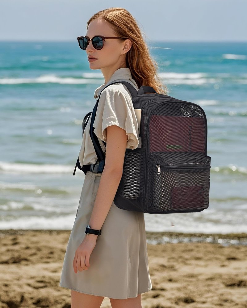 Paxiland Mesh Backpack Lightweight See Through College Student Backpack for Commuting Swimming Travel Beach Outdoor Sports - Black