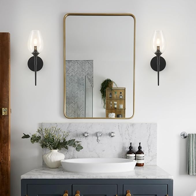 Modern Black Wall Sconces Set of 2, Glass Wall Sconces for Bedroom, Industrial Sconce Wall Lighting for Entryway Bathroom Living Room Stairway