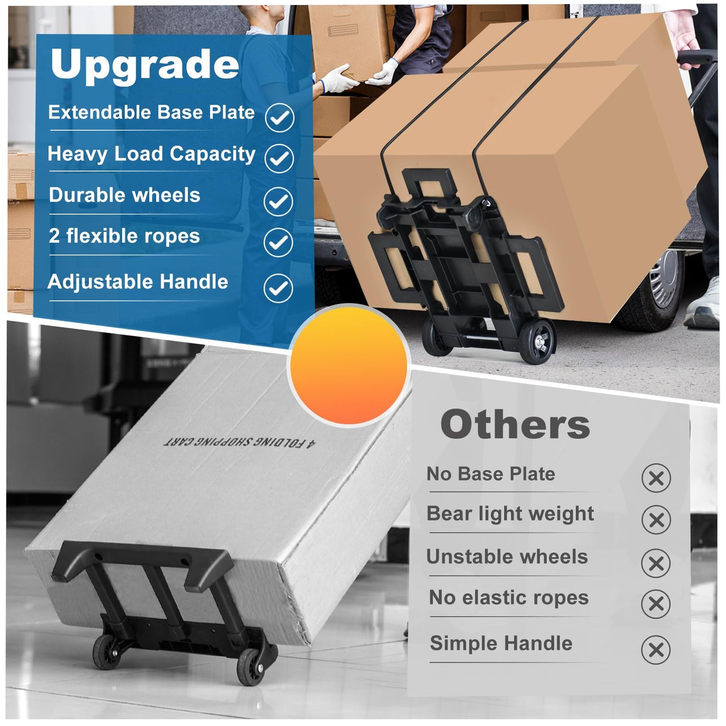 Folding Hand Truck Trolley Dolly, Folding Cart Small Trolley Dolly with Wheels, Lightweight Utility Dolly Expandable Baseplate Small Backpack Portable Luggage Cart for Airport Travel
