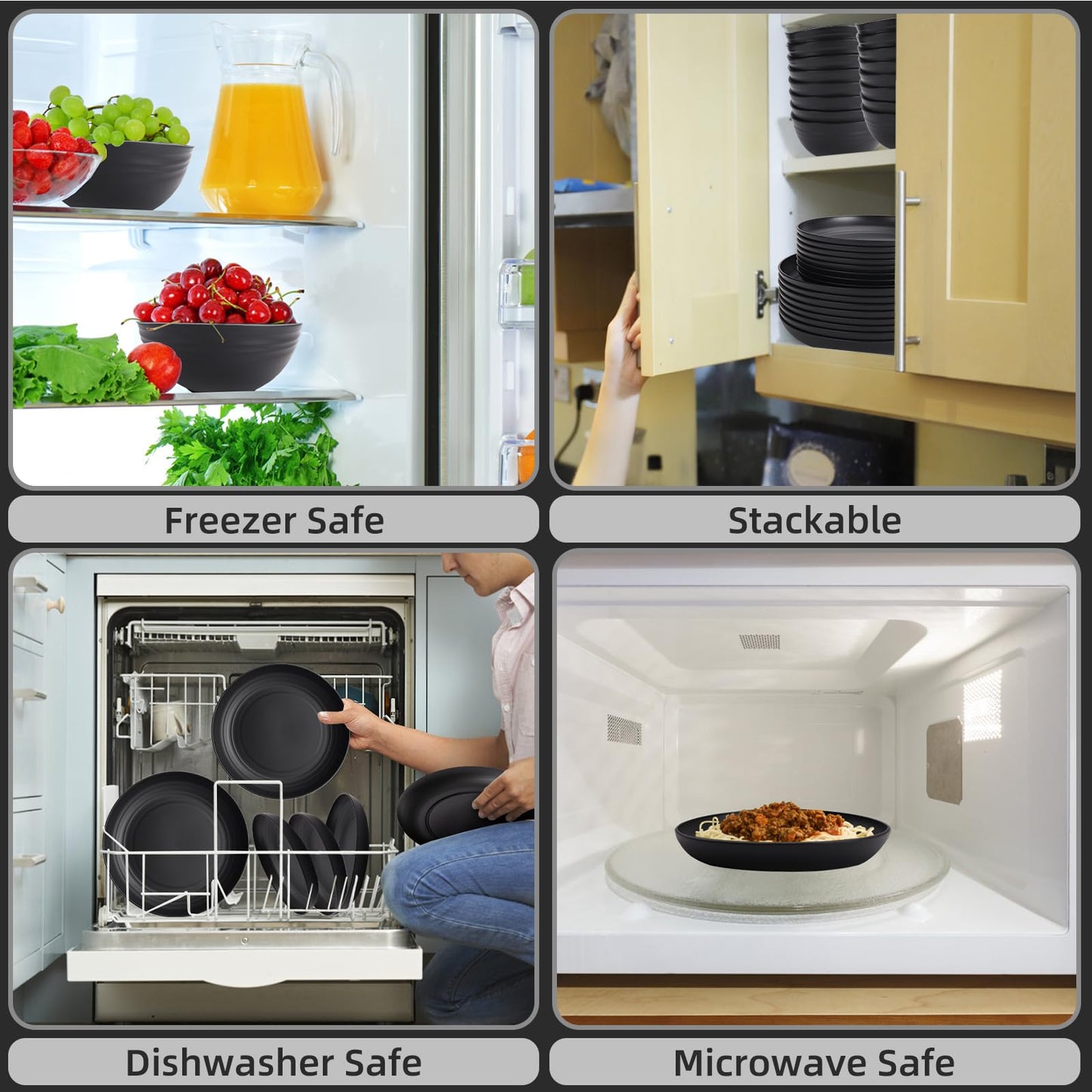 Black Plates and Bowls Sets for 8,Wheat Straw Dinnerware Sets Black Plastic Reusable Dishwasher Safe for Kitchen Halloween Camping,32 Pcs Lightweight Unbreakable Plastic Dishes Set Outdoor